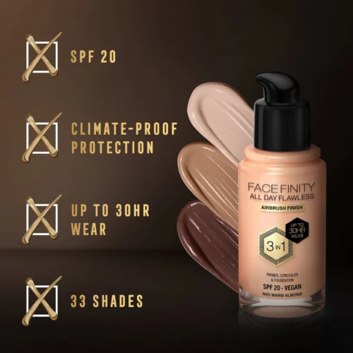 Max Factor Fond de ten lichid facefinity all day flawless 3in1 - N45 Warm Almond