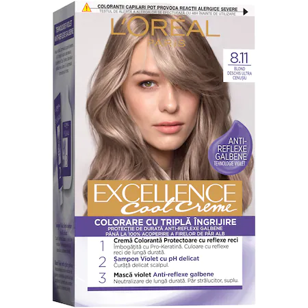 L'Oreal Paris Vopsea de Par Permanenta cu Amoniac Excellence Cool Creme 8.11 Blond Deschis Ultra Cenusiu L'Oreal Paris Vopsea de Par Permanenta cu Amoniac Excellence Cool Creme 8.11 Blond Deschis Ultra Cenusiu