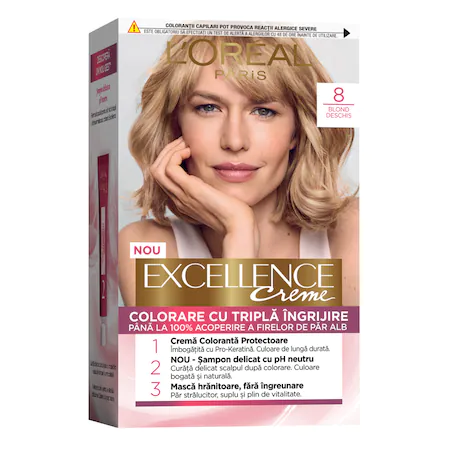 L'Oreal Paris Vopsea de Par Permanenta cu Amoniac Excellence Creme 8 Blond Deschis L'Oreal Paris Vopsea de Par Permanenta cu Amoniac Excellence Creme 8 Blond Deschis