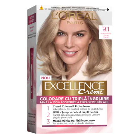 L'Oreal Paris Vopsea de Par Permanenta cu Amoniac Excellence Creme 9.1 Blond Foarte Deschis Cenusiu